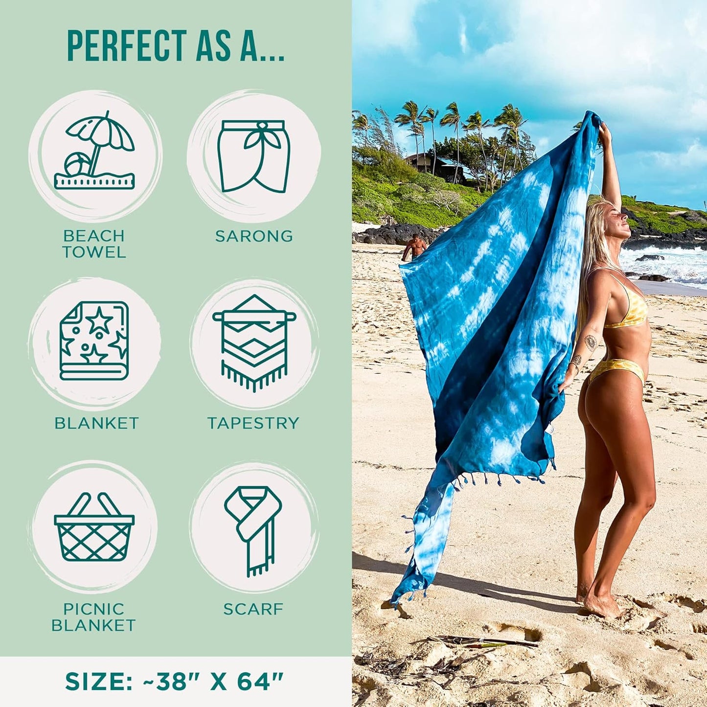 Sand Cloud Turkish Beach Towel - Sand Free - 100% Organic Turkish Cotton Yarn - Quick Dry Towel for Beach, Picnic Blanket or Throw - As Seen on Shark Tank - Tie Dye (Blue Acid Wash)