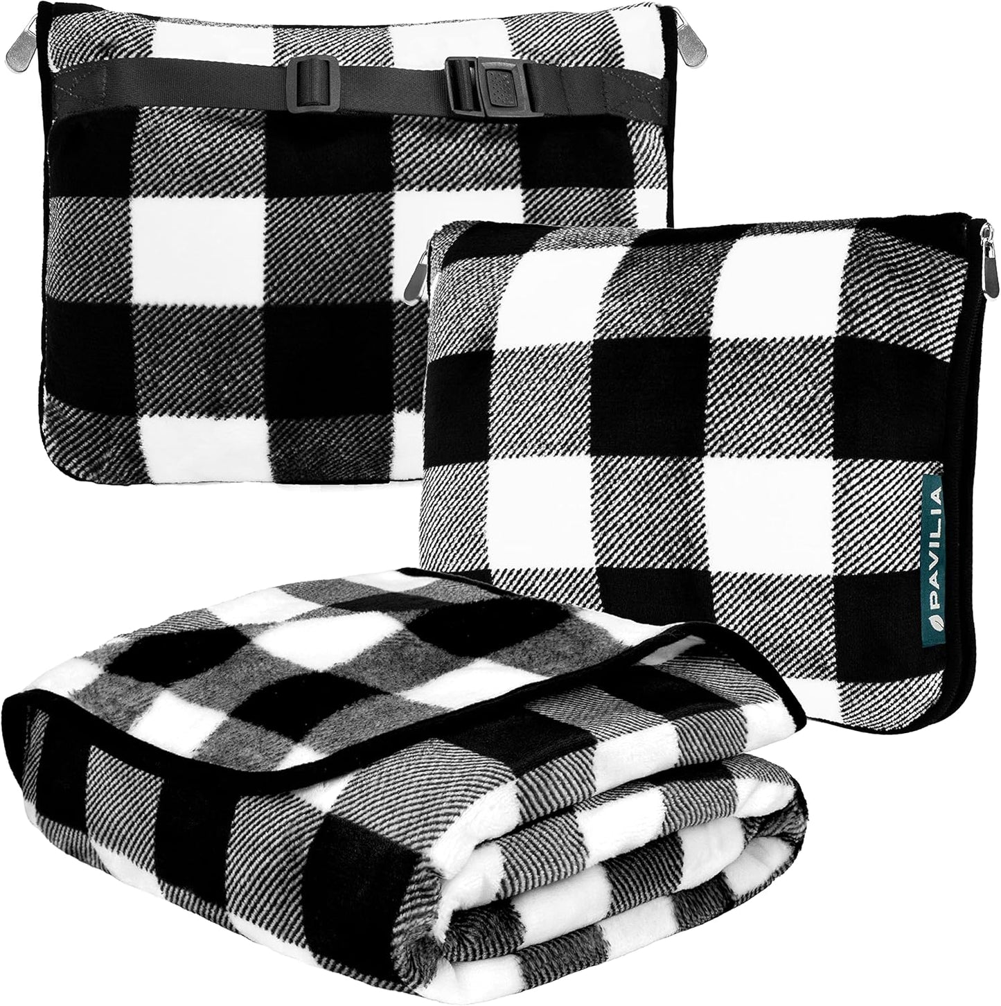 PAVILIA Travel Blanket Pillow, Soft Airplane Blanket 2-in-1 Combo Set, Plane Blanket Compact Packable, Flight Essentials Car Pillow, Travelers Gifts Accessories, Backpack Strap, 60x43 Checker White
