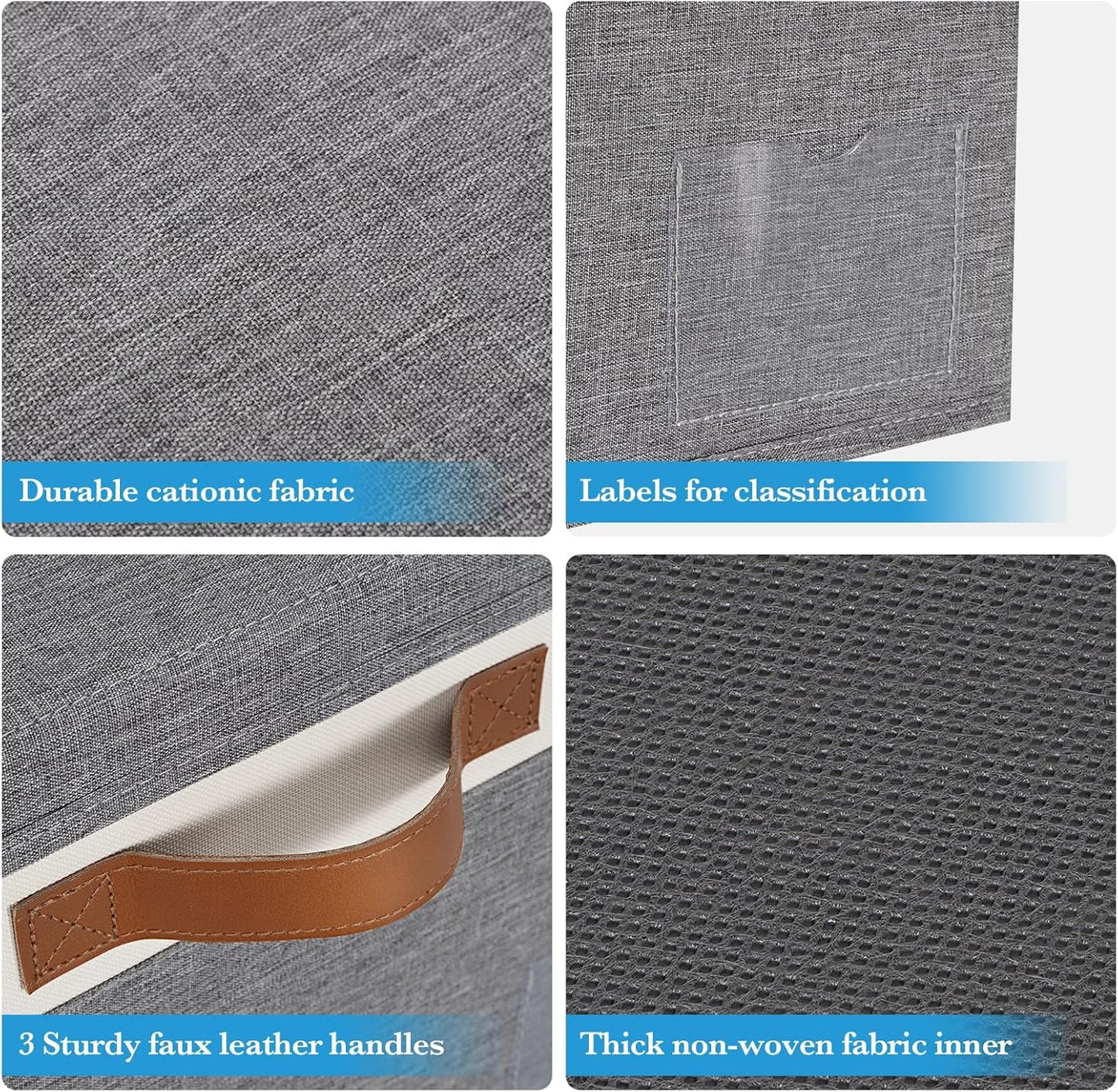 Extra Large Storage Bins with Lids, Foldable Fabric Storage Baskets with Lids, Sturdy Storage Boxes with Labels and 3 PU Handles for Closet Home Bedroom Office (32L, 3 Packs, Grey&White)