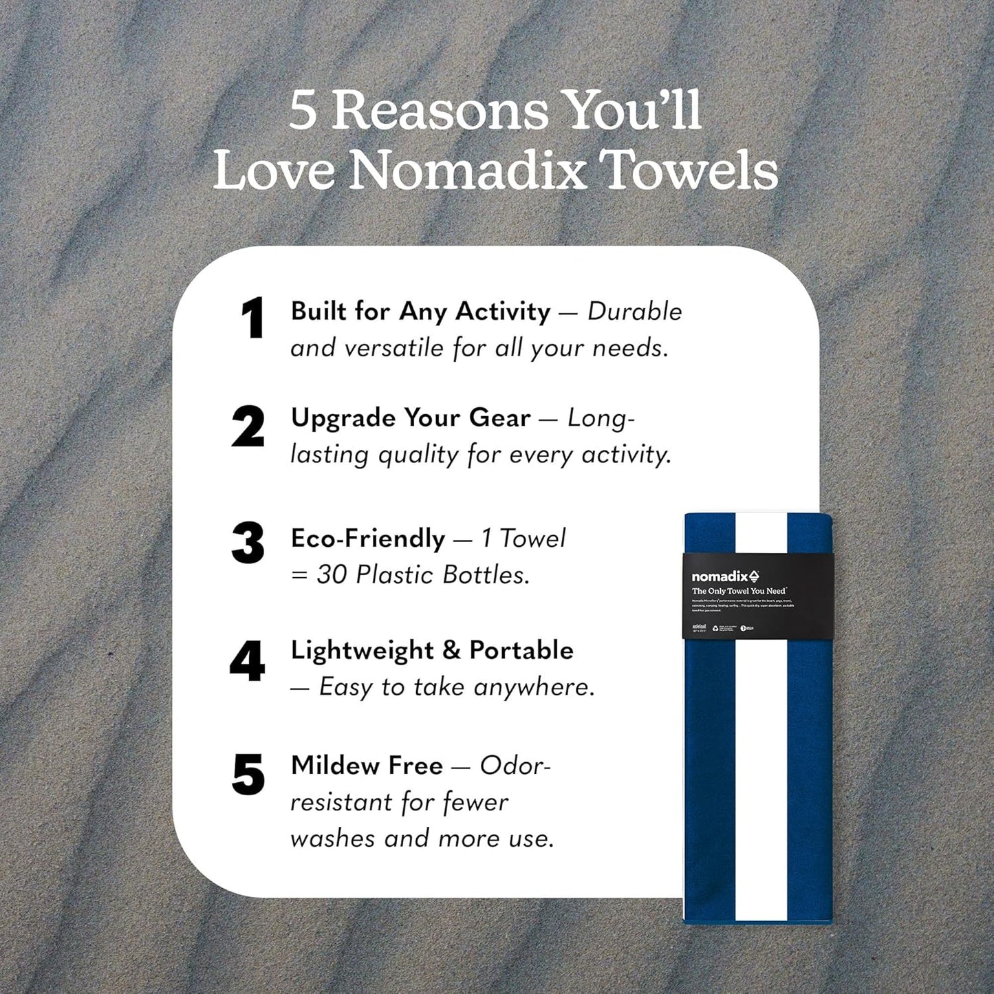 Nomadix Original Towel - Perfect for Beach, Pool, Travel, Camping, Yoga - Made with Recycled Materials - Super Absorbent - Sand Resistant - Cabana Stripe Dark Blue - 72.5x30