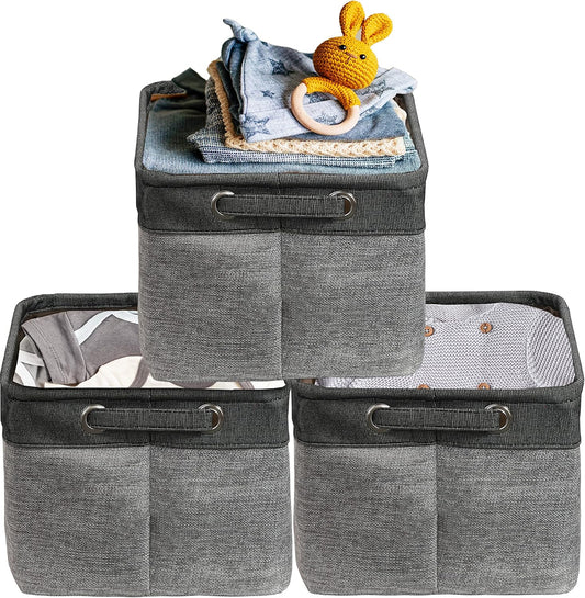 Simple Houseware 14.4" x 10" Fabric Storage Bin with Handles, 3-Pack, Foldable Organizer for Closet and Shelf, Dark Gray