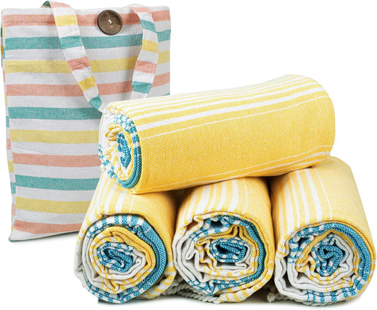 HILLFAIR Cotton Turkish Beach Towels, Quick Dry Lightweight Sand Free Peshtemal Towel for Bath Swim Yoga Travel, Beach Accessories, Oversized Cotton Turkish Towels (39 x 72 inch- 4 Pack Yellow Blue)