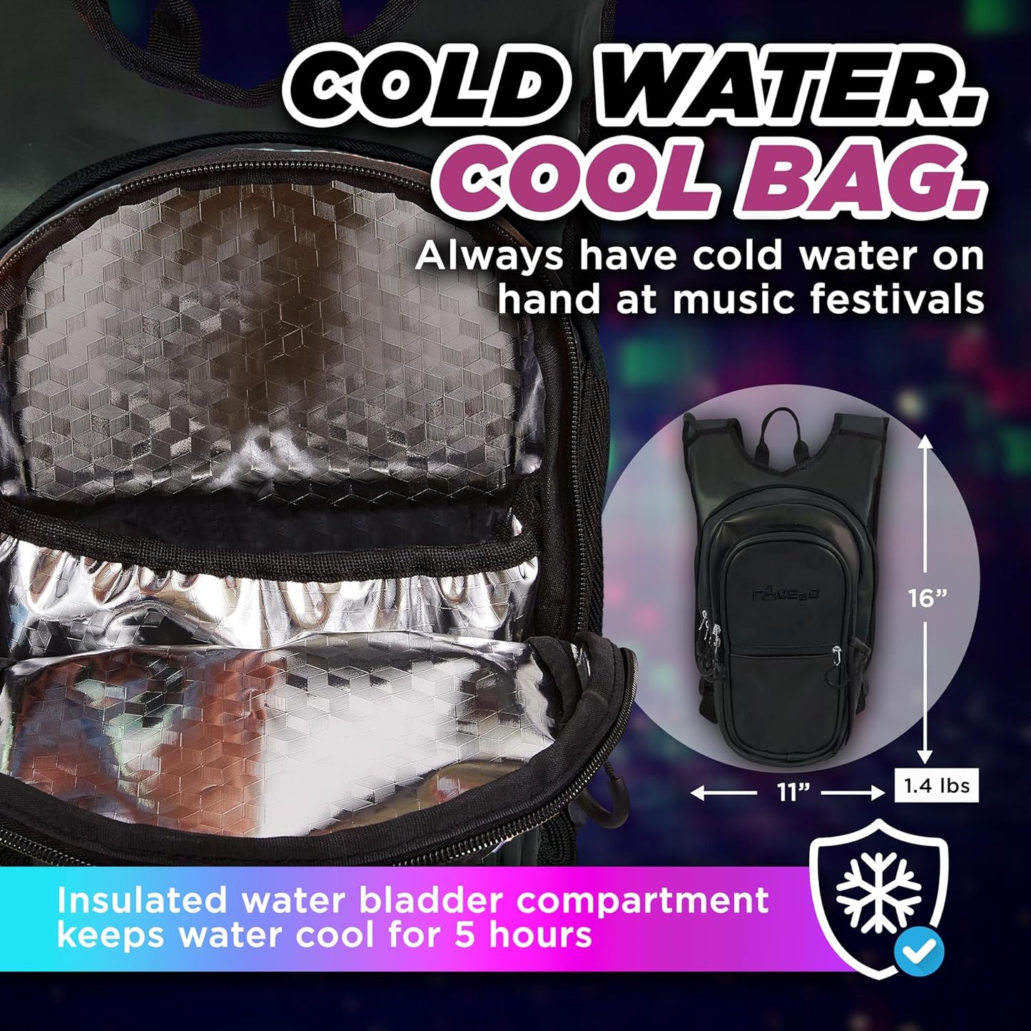 Rave Hydration Backpack – Anti-Theft Festival Hydration Pack with 1.5L Leakproof TPU Bladder – Slim, Insulated Water Pack with Secret Pockets & Breathable Back – for Raves, Music Festivals, EDC