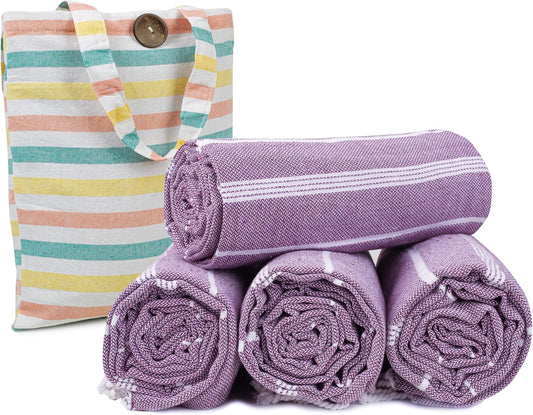 HILLFAIR Cotton Turkish Beach Towels, Quick Dry Lightweight Sand Free Peshtemal Towel for Bath Swim Yoga Spa Travel, Beach Accessories, Oversized Cotton Turkish Towels (39 x 72 inch- 4 Pack Purple)