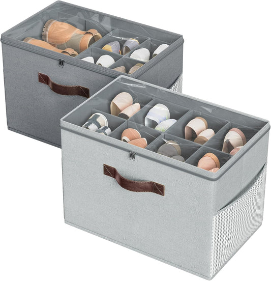 Budding Joy 2 Pack Shoe Organizer for Closet, Clear Foldable Shoe Storage Containers Adjustable Dividers Fits 16 Pairs,Shoe Storage Bins Baskets Boxes with Reinforced Handles Light Grey Greenish Grey
