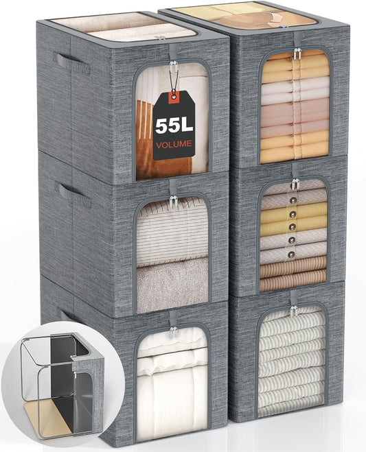 GoMaihe Clothes Storage Bins Metal Frame: 55L Extra Large Stackable Closet Storage Bin with Lid & Clear Window, Heavy Duty Blanket Box for Winter Coats Comforters (Fits Deep Closet 6-Pack)