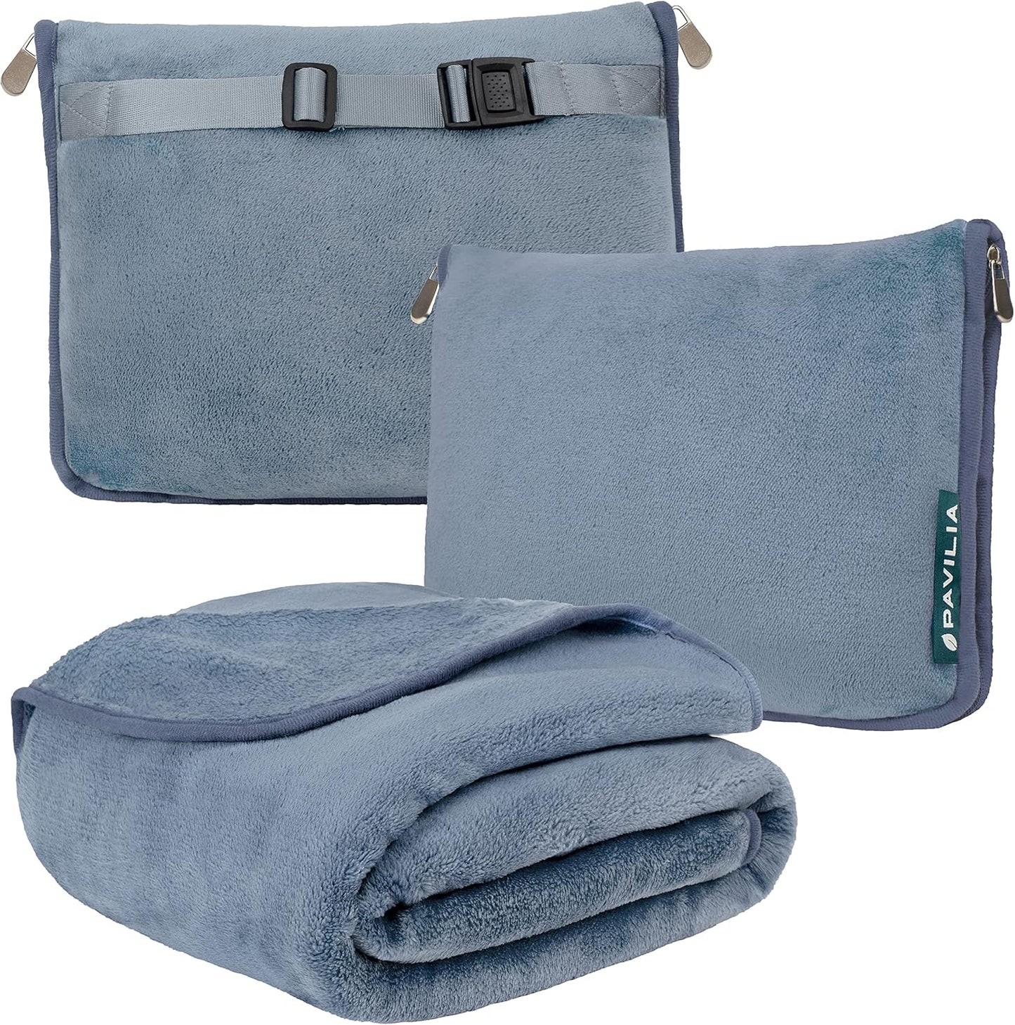 PAVILIA Travel Blanket Pillow, Soft Airplane Blanket 2-IN-1 Combo Set, Plane Blanket Compact Packable, Flight Essentials Car Pillow, Travelers Gift Accessories Luggage Backpack Strap, 60x43 Slate Blue