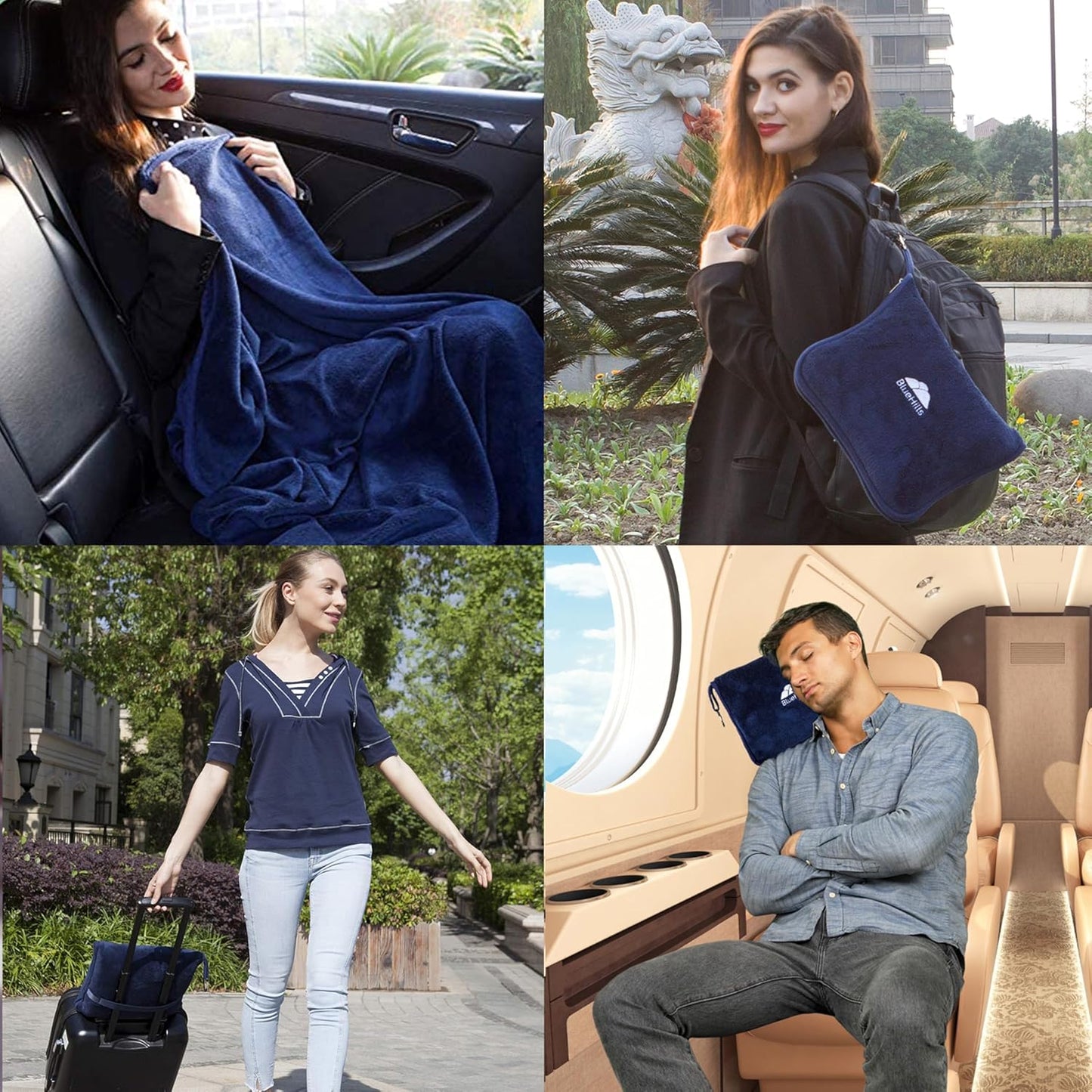 BlueHills Premium Soft Long Travel Blanket Pillow for Tall Airplane Flight Blanket Throw Luggage Belt & Backpack Clip Compact Packable Car Large 2 in 1 Combo Warm Gifts Navy Blue T051