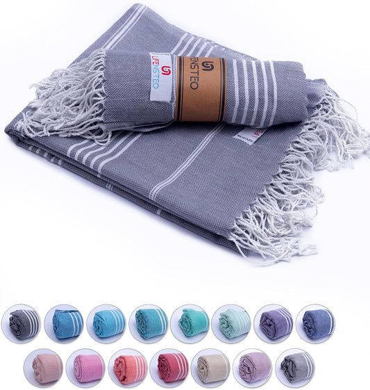 Turkish Beach Towel - 40x71 Inch Oversized Sand Resistant Prewashed Cotton Towel - Quick Drying, Compact, Lightweight for Beach, Bath, Pool, Gym, Yoga