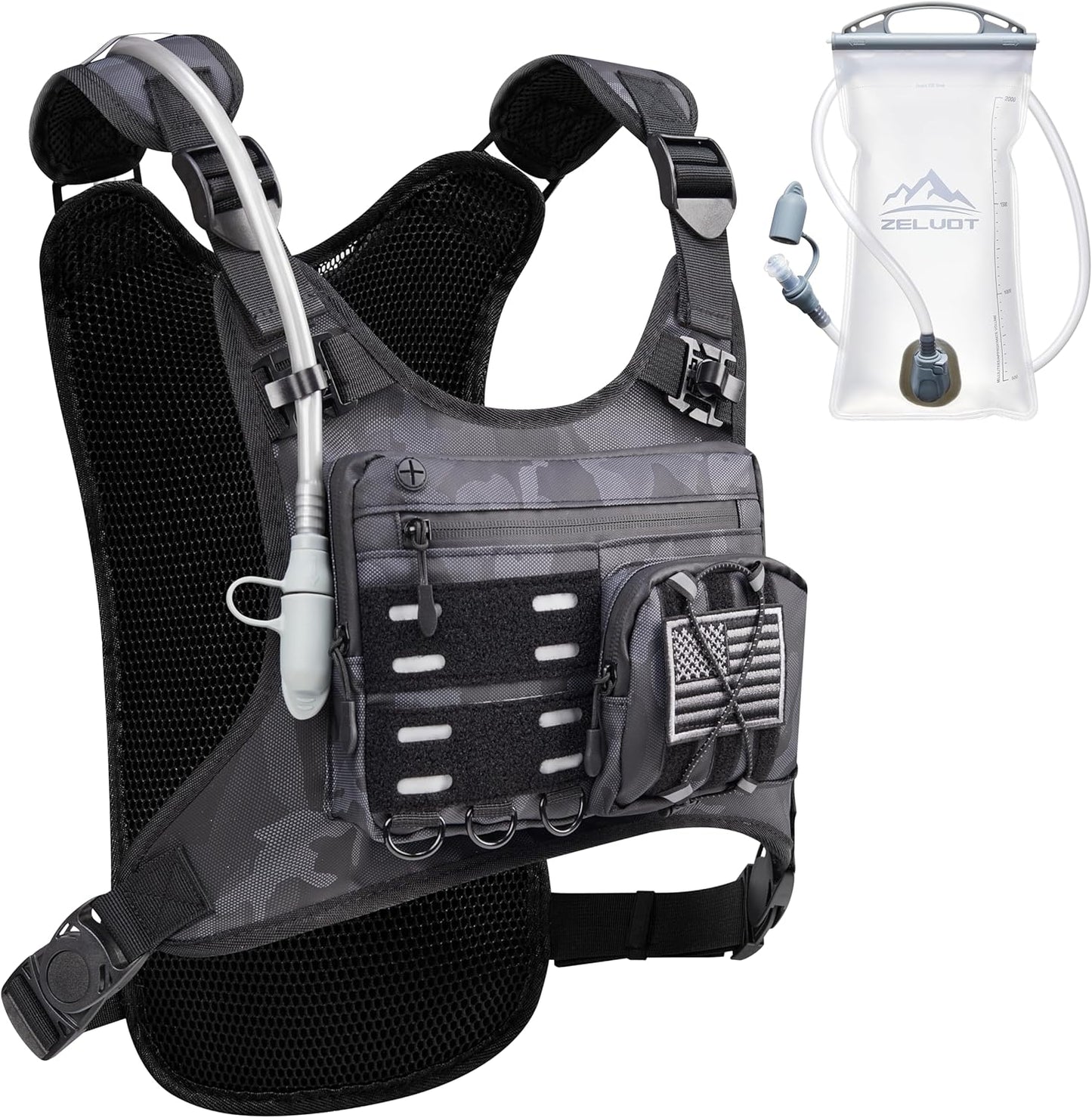 Running Vest with 2L Water Bladder, USA Original Patent, Lightweight Adjustable Chest Pack with Pistol Holster, Reflective Running Hydration Vest for Women Men for Marathon