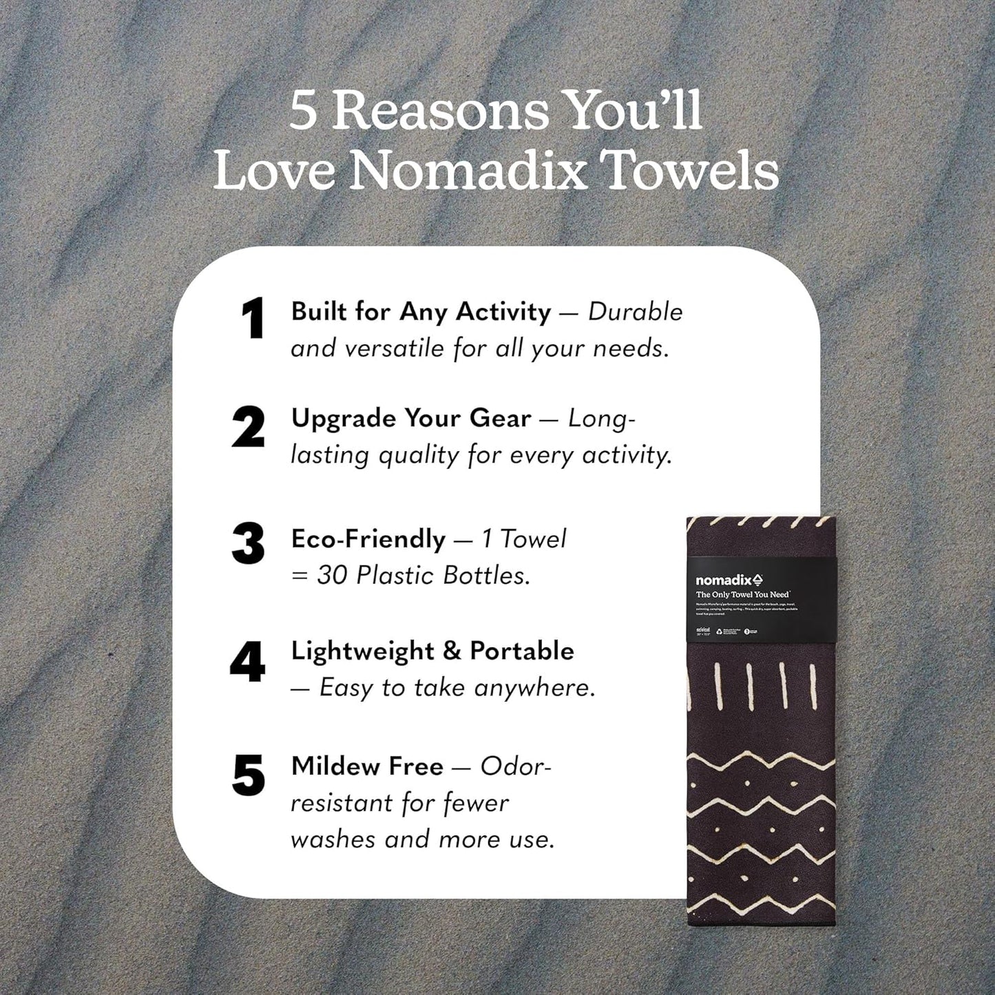 Nomadix Original Towel - Perfect for Beach, Pool, Travel, Camping, Yoga - Made with Recycled Materials - Super Absorbent - Sand Resistant - Mud Cloth - 72.5" x 30"