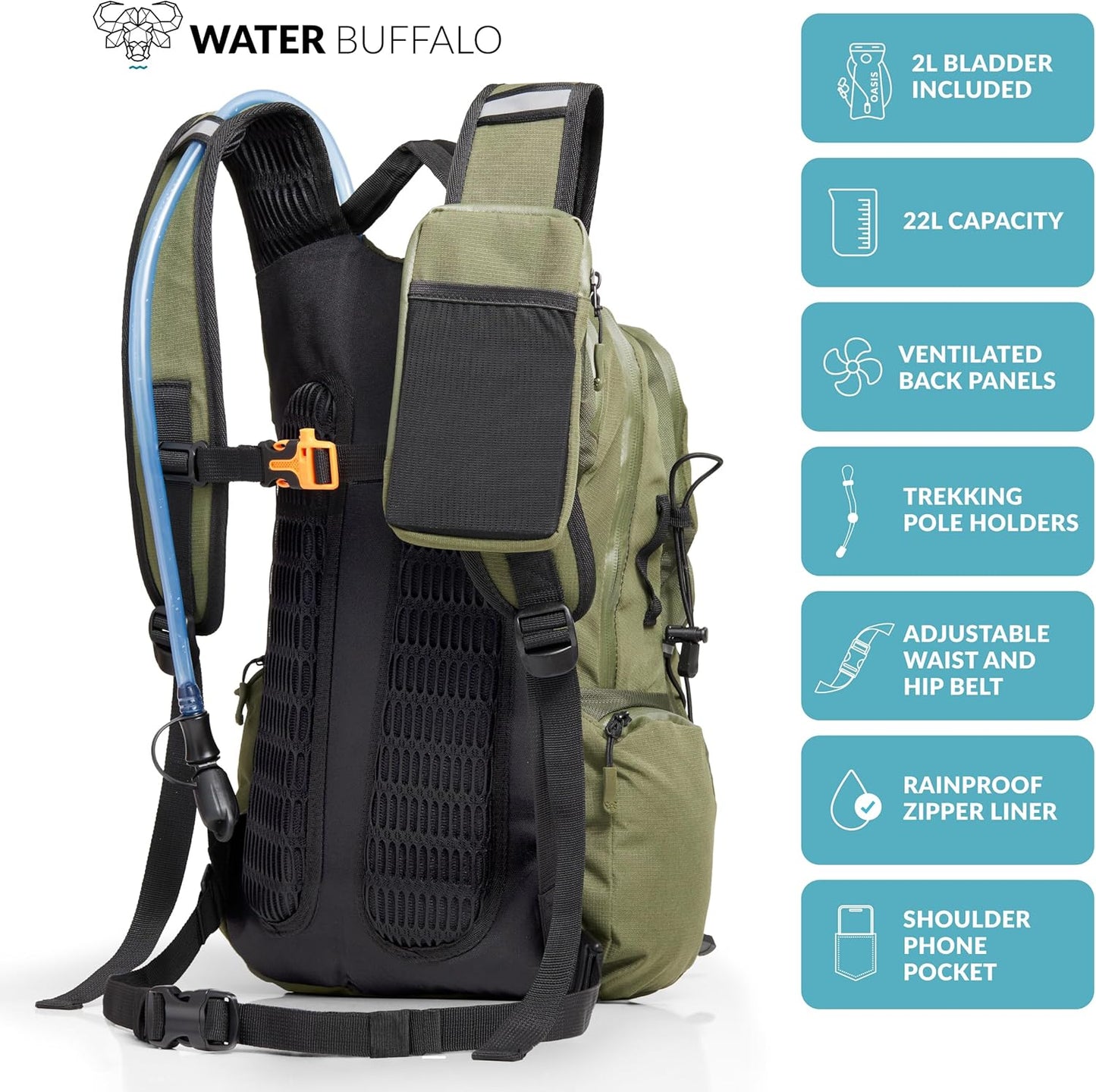 Water Buffalo Hydration Backpack - Sherpa 22L Hiking Backpack with Water Bladder - Water Backpack for Hiking with Waterproof Zippers, Phone & Pole Holders