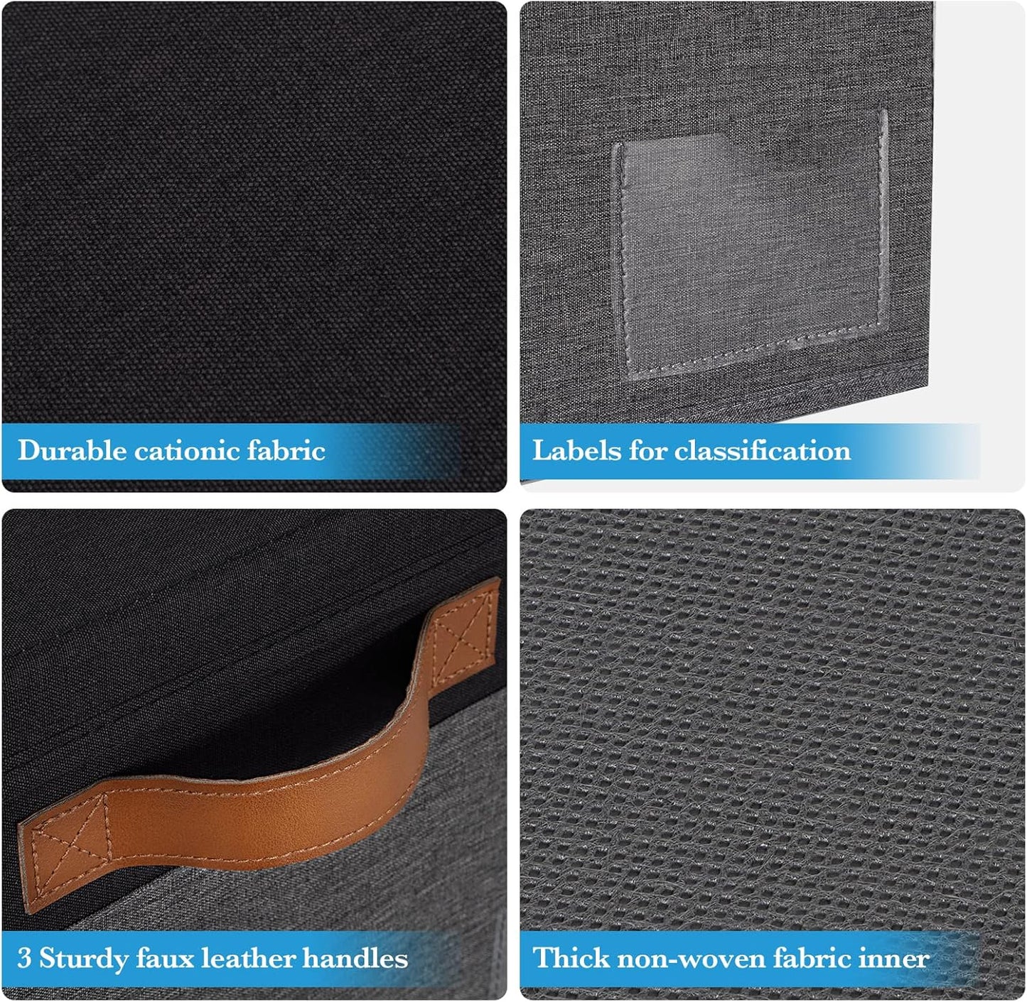 Large Storage Bins with Lids, Foldable Fabric Storage Baskets with Lids, Sturdy Storage Boxes with Labels and 3 PU Handles for Closet Home Bedroom Office (26L, 3 Packs, Grey&Black)