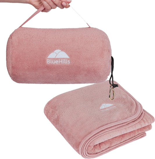 BlueHills Travel Blanket Pillow Rolled Premium Soft Plush Airplane Throw Traveling Gifts Compact in a Bag 70 X 48 inches Long Plane Flight Portable Lightweight Pink R02