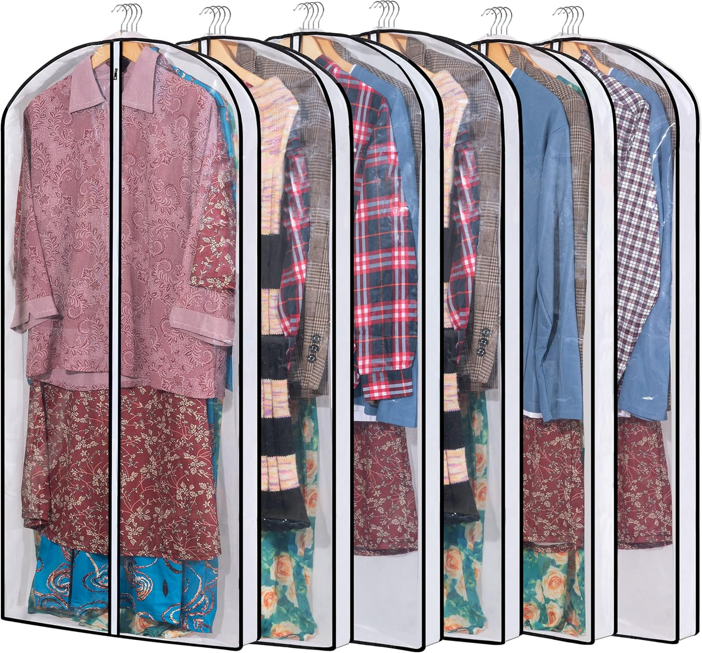 Hanging Clothes Storage with 4" Gusseted Garment Covers (Set of 6) - Clear Suit, Gown, Long Coat, Dress Protectors for Closet - 24"x 50"x 4" / 6 Pack