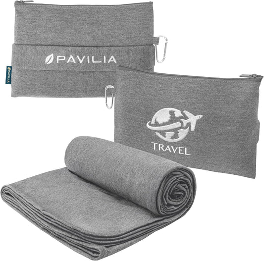 PAVILIA Soft Travel Blanket, Compact Airplane Blanket in Bag, Portable Blanket Pillow Set, Lightweight and Packable Plane Flight Car Trips Travel Home Office Gift Accessories, Gray, 65x40 inches