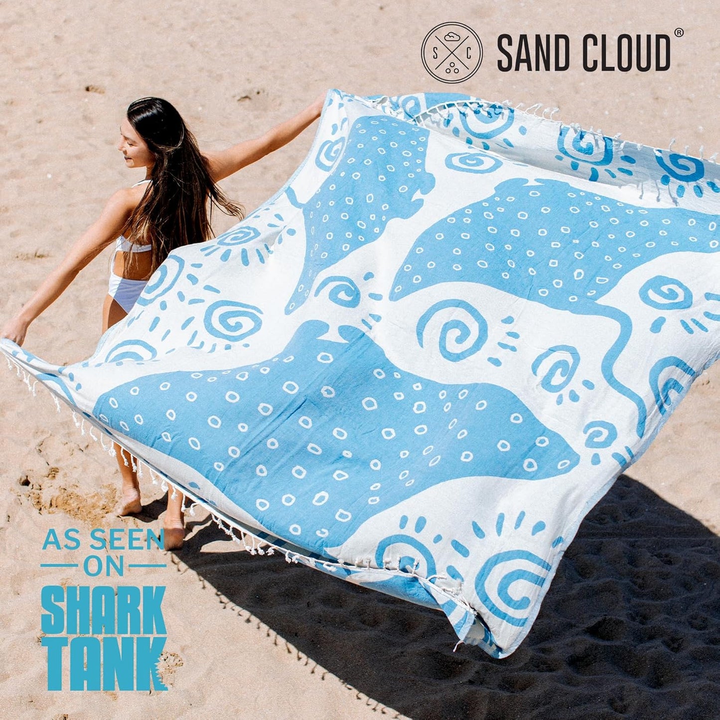 Sand Cloud Extra Large Turkish Beach Towel - Sand Free - 100% Organic Turkish Cotton Yarn - Quick Dry Towel for Beach, Picnic, Blanket or Bath - As Seen on Shark Tank - Marine Life (Manta Ray)