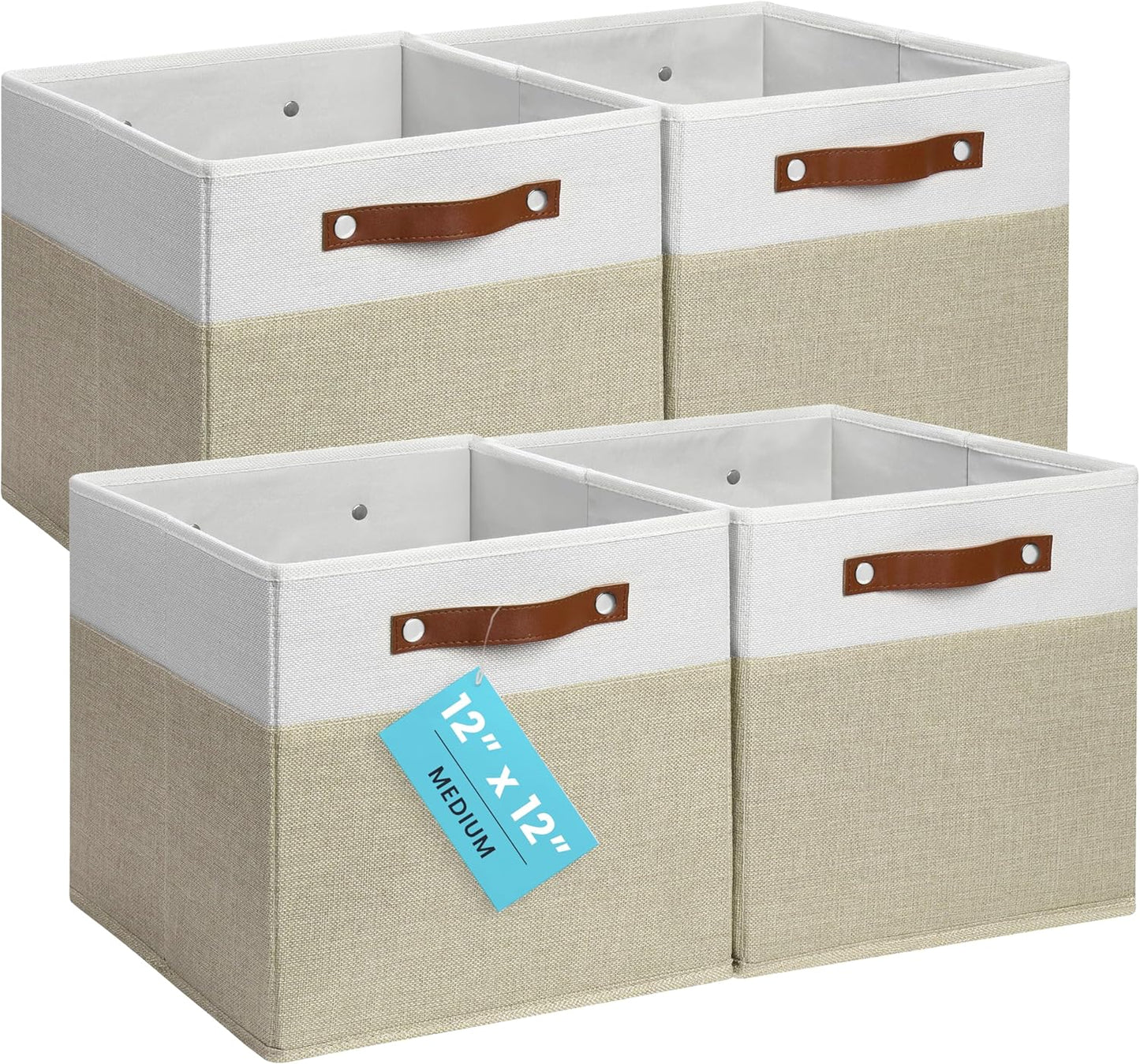OrganiHaus 12x12 Fabric Storage Bins - Set of 4, Cube Fabric Organizer Bins with Vegan Handles, Kallax Storage Cubes, Cubbies Organizer Boxes, 12Inch Cubic Baskets for Shelves - Beige/White