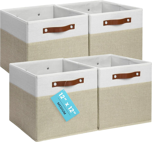 OrganiHaus 12x12 Fabric Storage Bins - Set of 4, Cube Fabric Organizer Bins with Vegan Handles, Kallax Storage Cubes, Cubbies Organizer Boxes, 12Inch Cubic Baskets for Shelves - Beige/White