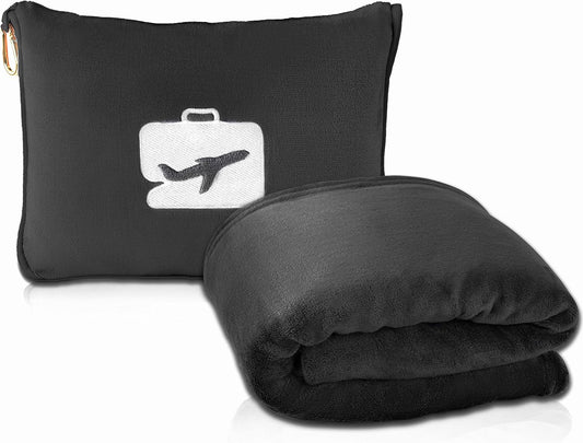 EverSnug Travel Blanket and Pillow - Ultra-Soft, Compact & Lightweight, 65x40 Inches, with Carry Case, Luggage Sleeve & Backpack Clip for Airplane Comfort (Black)