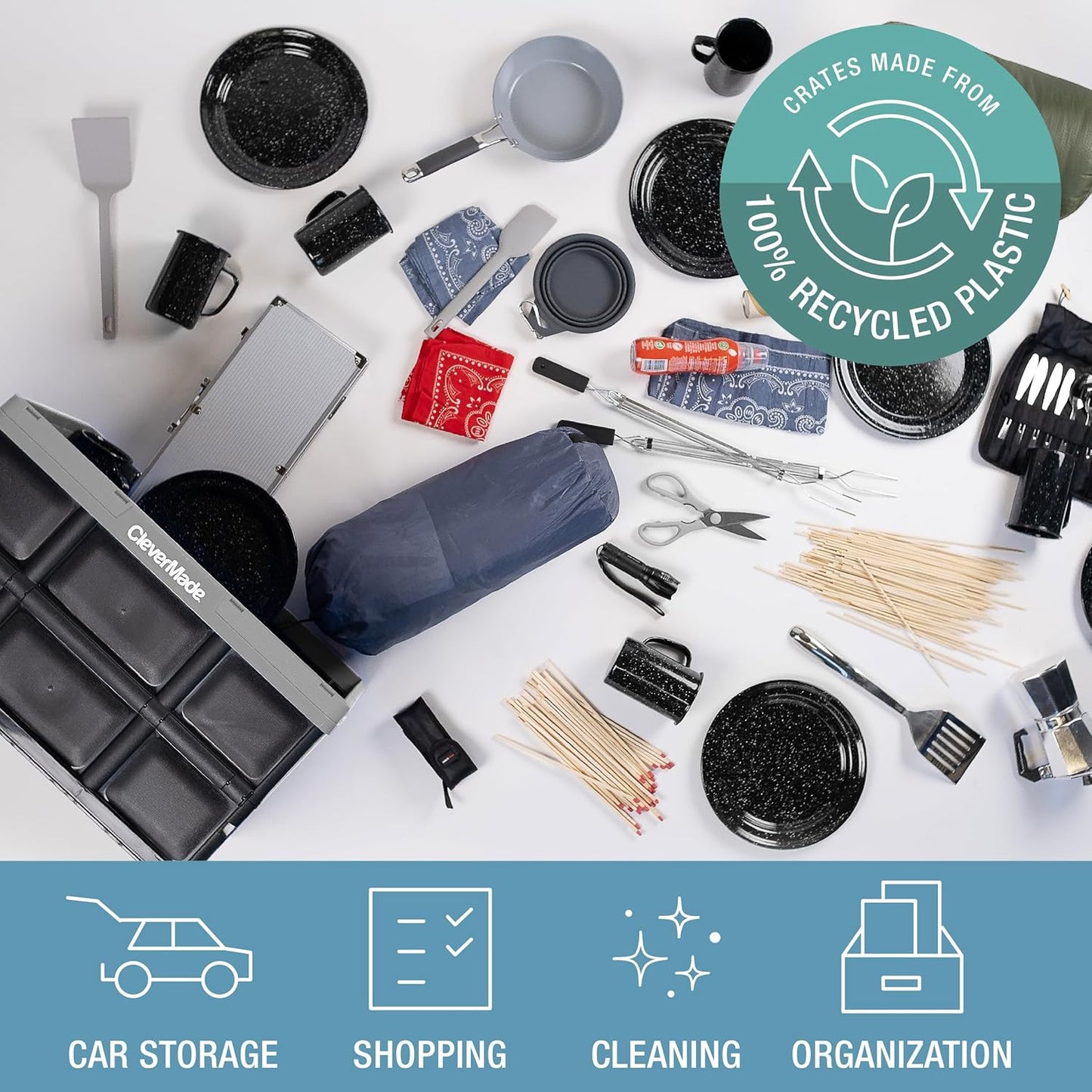 CleverMade Collapsible Storage Bins - Ocean 3 Pack 62L / 16 Gal holds 100 lbs - Stackable Containers Heavy Duty Capacity Crates-Space-Saving