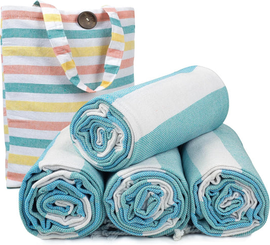HILLFAIR Cotton Turkish Beach Towels, Quick Dry Lightweight Sand Free Peshtemal Towel for Bath Swim Yoga Spa Travel, Beach Accessories, Oversized Cotton Turkish Towels (39 x 72 inch- 4 Pack Sea)