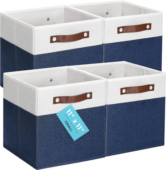 OrganiHaus 11x11 Fabric Cubes Storage Bins Set of 4, Foldable Collapsible Fabric Storage Bins for Organizer, Cubbies Organizer for Kallax, Linen Cube Shelf Baskets, Toy Organizing boxes - Navy Blue