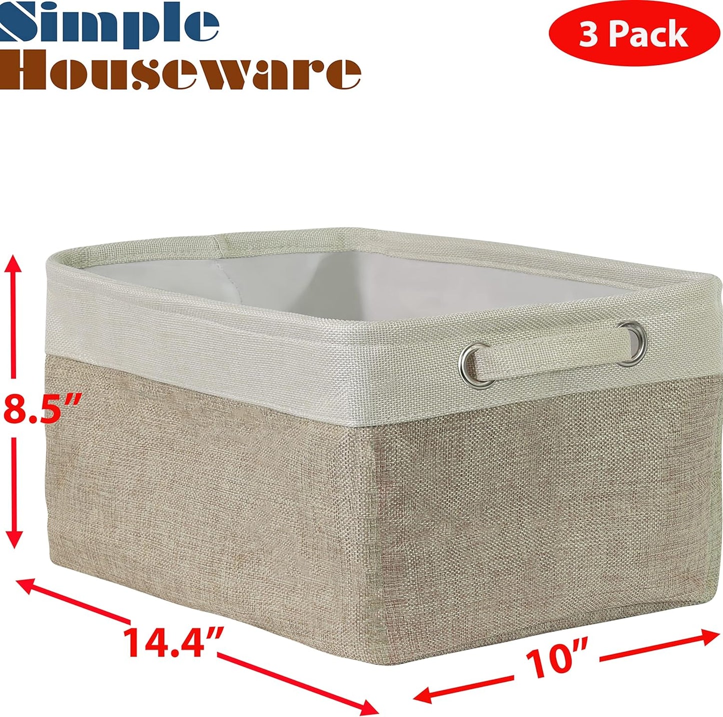 Simple Houseware 14.4" x 10" Fabric Storage Bin with Handles, 3-Pack, Foldable Organizer for Closet and Shelf, Beige