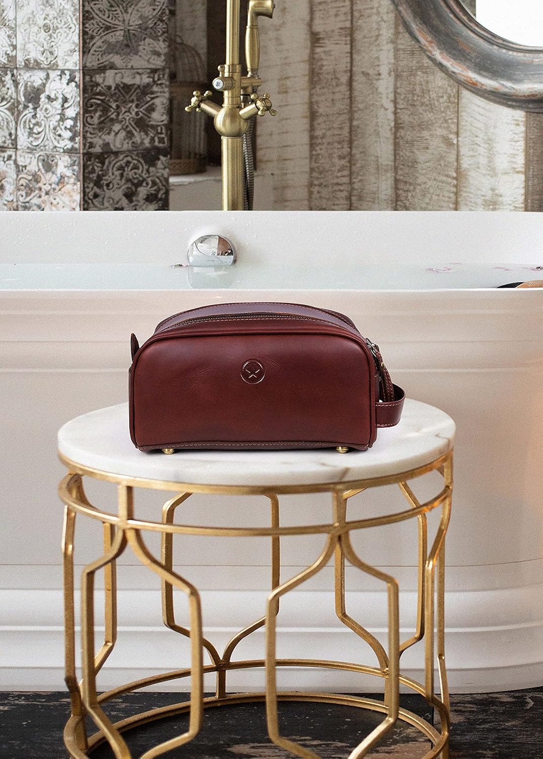 10" Premium Leather Toiletry Travel Pouch With Waterproof Lining | King-Size Handcrafted Vintage Dopp - Kit Gift for Father's Day By Aaron Leather Goods