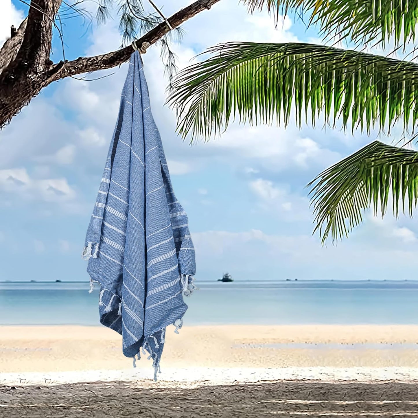 HILLFAIR Cotton Turkish Beach Towels, Quick Dry Lightweight Sand Free Peshtemal Towel for Bath Swim Yoga Spa Travel, Beach Accessories, Oversized Cotton Turkish Towels (39 x 72 inch- 4 Pack Blue)