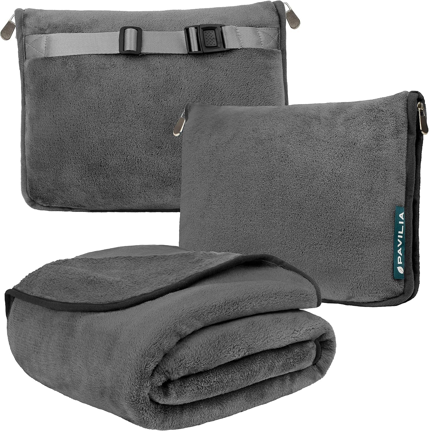 PAVILIA Travel Blanket Pillow, Soft Airplane Blanket 2-in-1 Combo Set, Plane Blanket Compact Packable, Flight Essentials Car Pillow, Travelers Gifts Accessories, Luggage Backpack Strap, 60x43 Gray