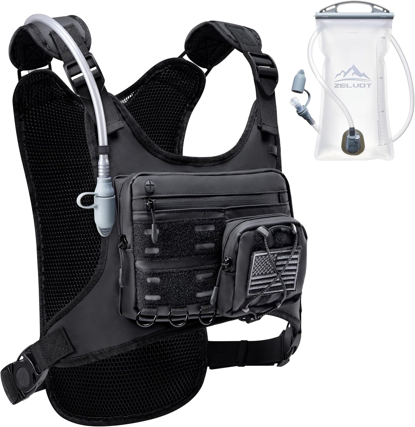 Running Vest with 2L Water Bladder, USA Original Patent, Lightweight Adjustable Chest Pack with Pistol Holster, Reflective Running Hydration Vest for Women Men for Marathon