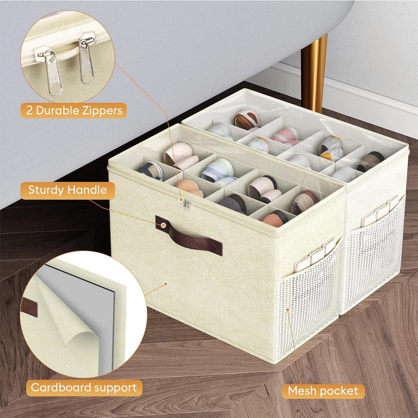 Budding Joy 2 Pack Shoe Organizer for Closet, Clear Foldable Shoe Storage Containers Adjustable Dividers Fits 16 Pairs,Shoe Storage Bins Baskets Boxes with Reinforced Handles Beige Yellow Beige