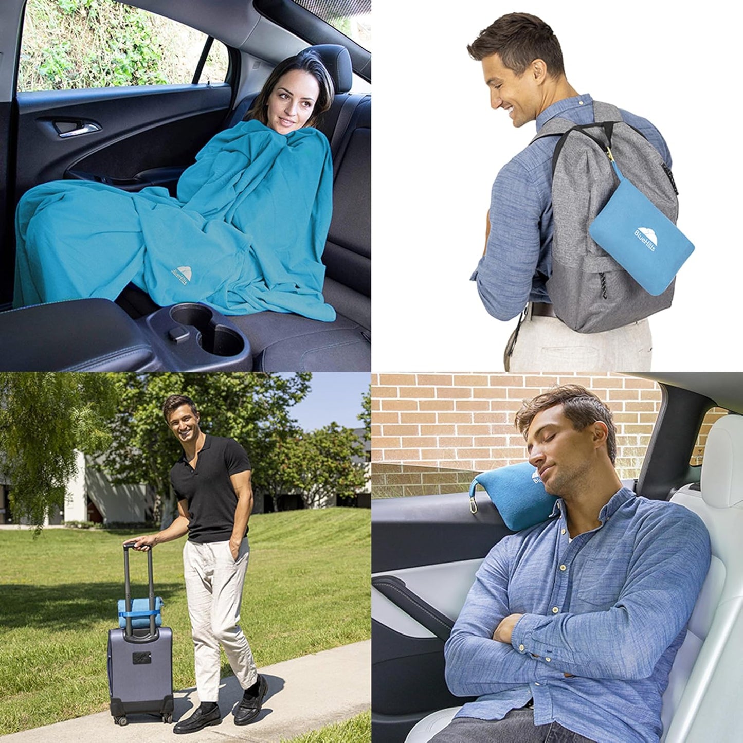 BlueHills Travel Blanket Pillow Compact Lightweight Pocket Size Airplane Traveling Essential Flight Trip Throw in Bag Portable Case Plane Accessory Teal Blue L03