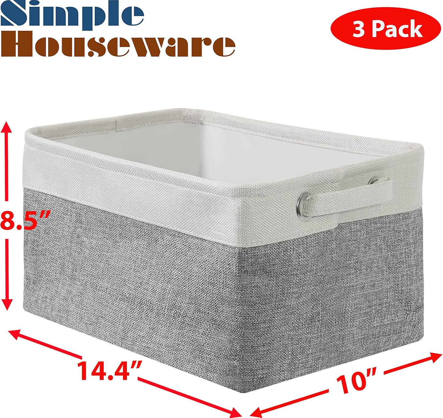 Simple Houseware 14.4" x 10" Fabric Storage Bin with Handles, 3-Pack, Foldable Organizer for Closet and Shelf, Gray
