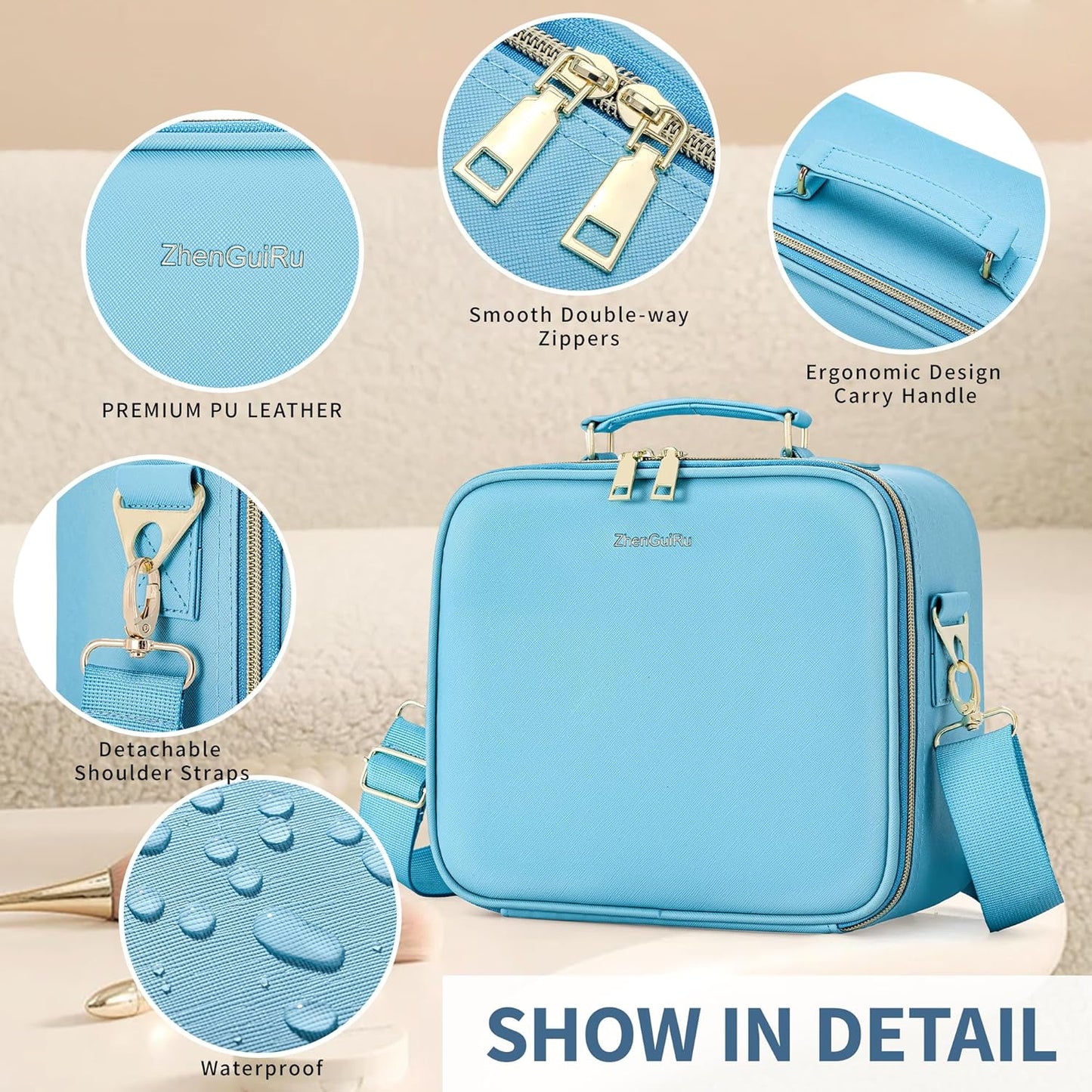 Travel Makeup Bag with LED Mirror, Cosmetic Train Case with Lighted Mirror, Waterproof Makeup Organizer Case for Brush Holder Storage, Travle Toiletry Bag for Women Gift