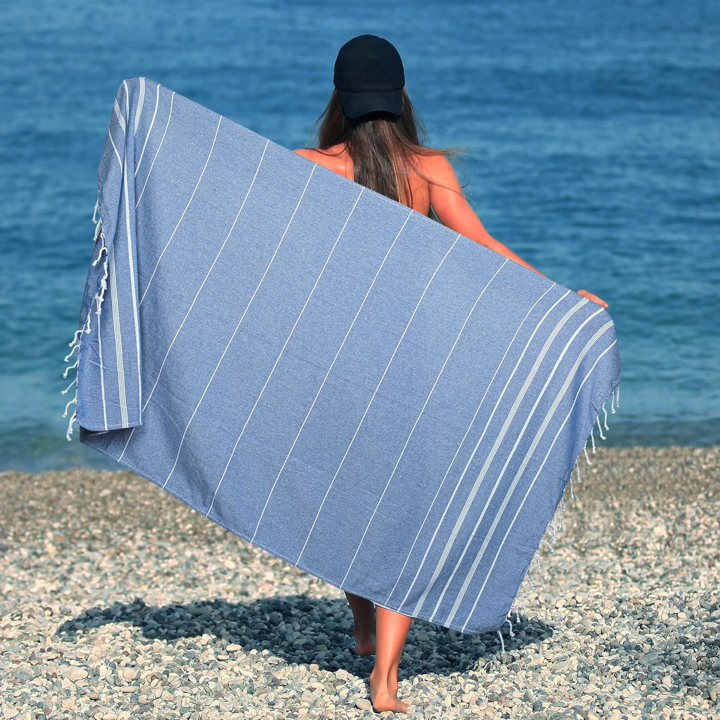 HILLFAIR Cotton Turkish Beach Towels, Quick Dry Lightweight Sand Free Peshtemal Towel for Bath Swim Yoga Spa Travel, Beach Accessories, Oversized Cotton Turkish Towels (39 x 72 inch- 4 Pack Blue)