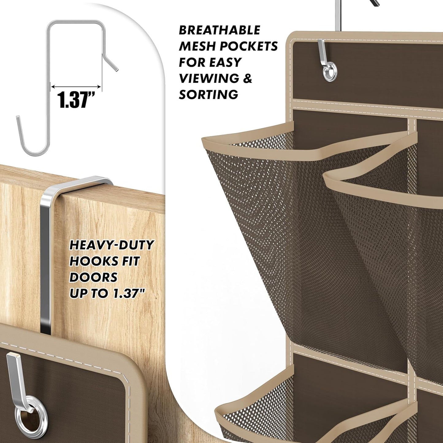 Simple Houseware 24 Pockets - 2-Pack 12 Large Mesh Pocket Over Door Hanging Shoe Organizer, Brown