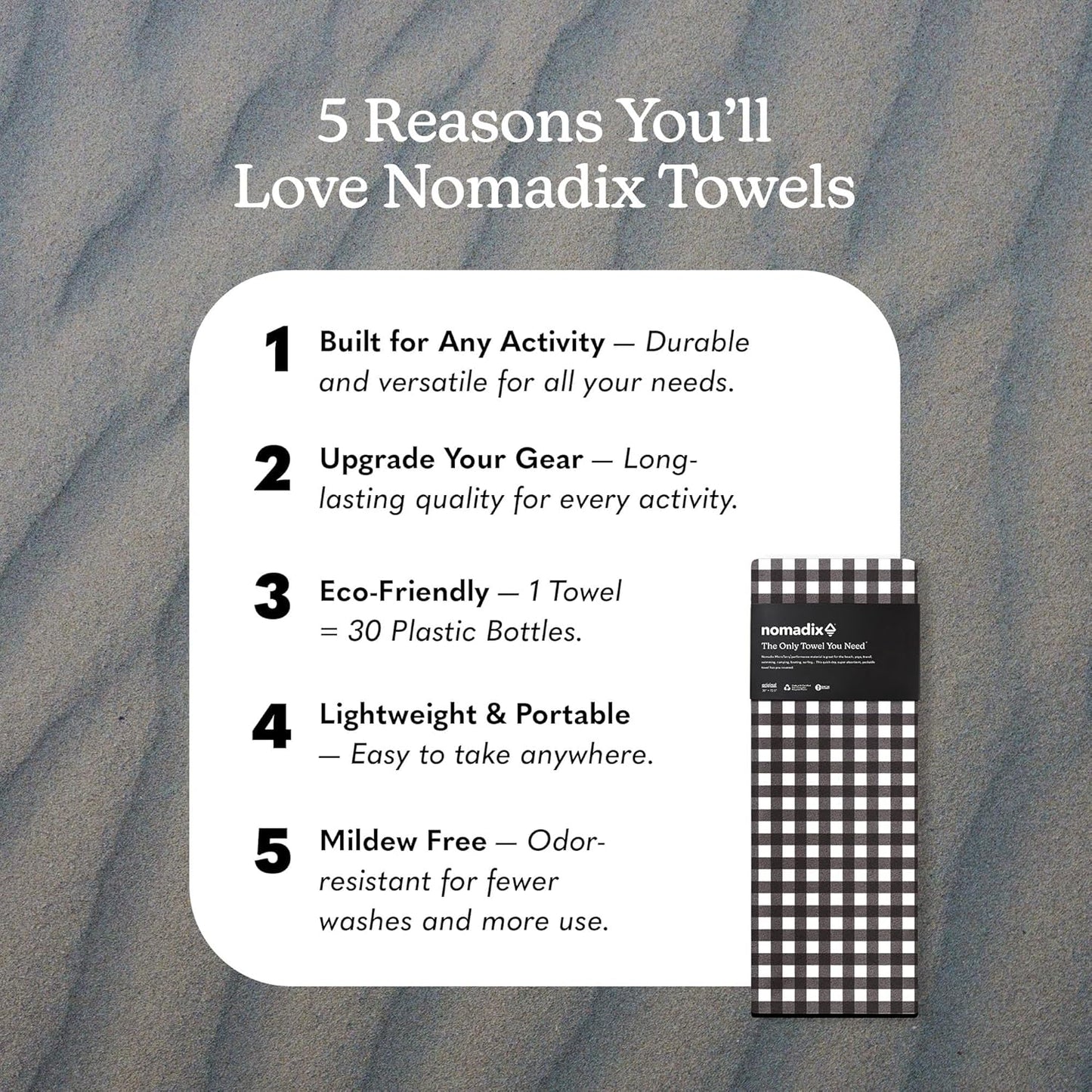 Nomadix Original Towel - Perfect for Beach, Pool, Travel, Camping, Yoga - Made with Recycled Materials - Super Absorbent - Sand Resistant - Gingham Black - 72.5x30