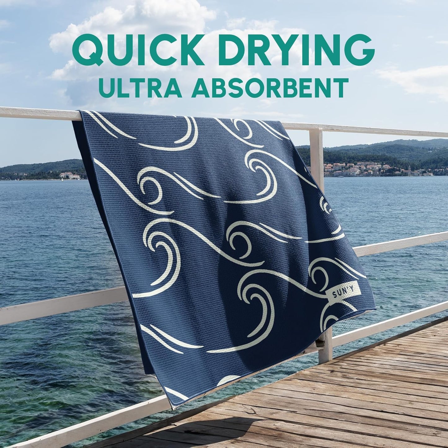 SUN'Y Waffle Microfiber Beach Towel – Sand Free, Quick Dry, Ultra Absorbent, Lightweight & Compact Travel Towel with Carry Bag - Large (63” x 31.5”), Curl