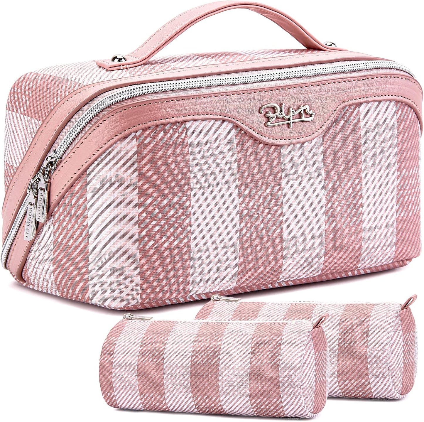 BOYATU Makeup Bag Travel Cosmetic Bag: 3 Pcs Set Portable Make up Bags for Women with Handle - Waterproof Vegan Leather Toiletry Organizer Bags with Comparments (F-03-Pink)