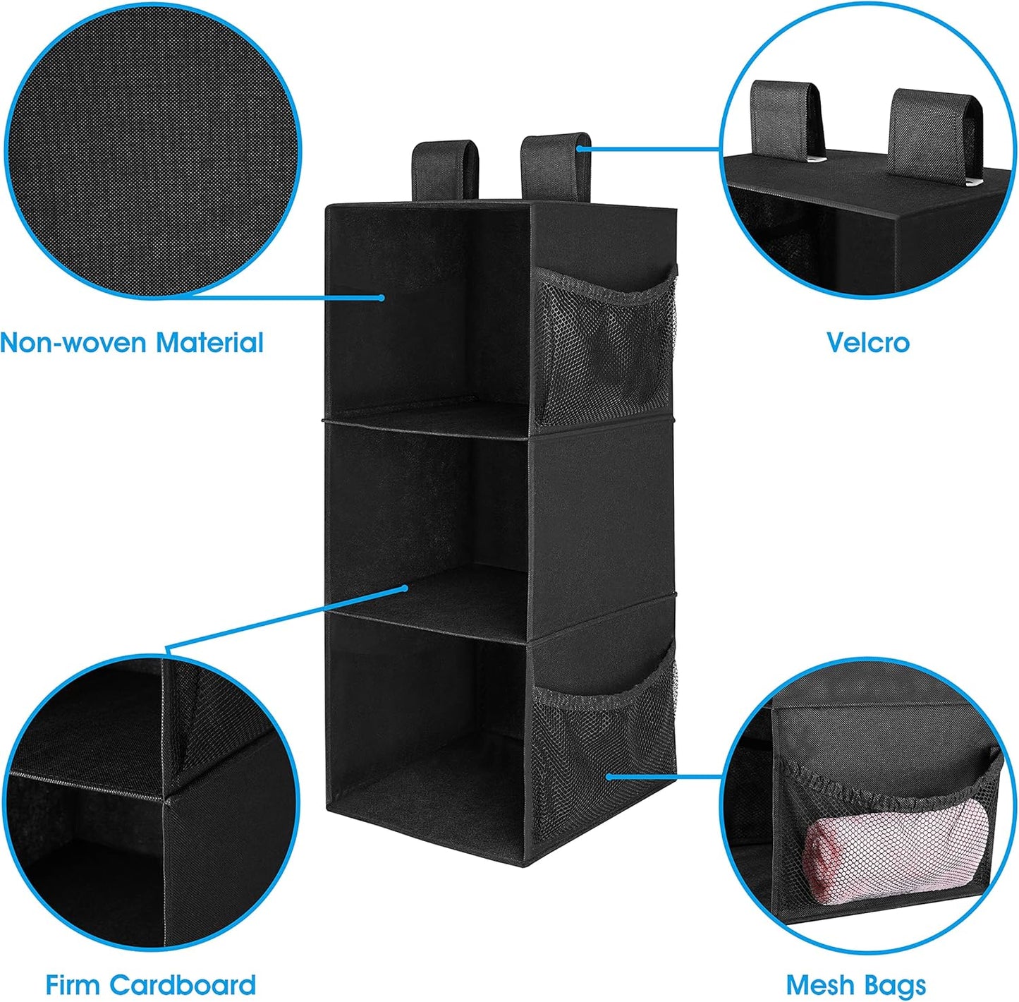 MAX Houser 3-Shelf Hanging Closet Organizers, Collapsible Closet Hanging Shelves for Camper, Nursery Hanging Organizers, Black, 2-Pack