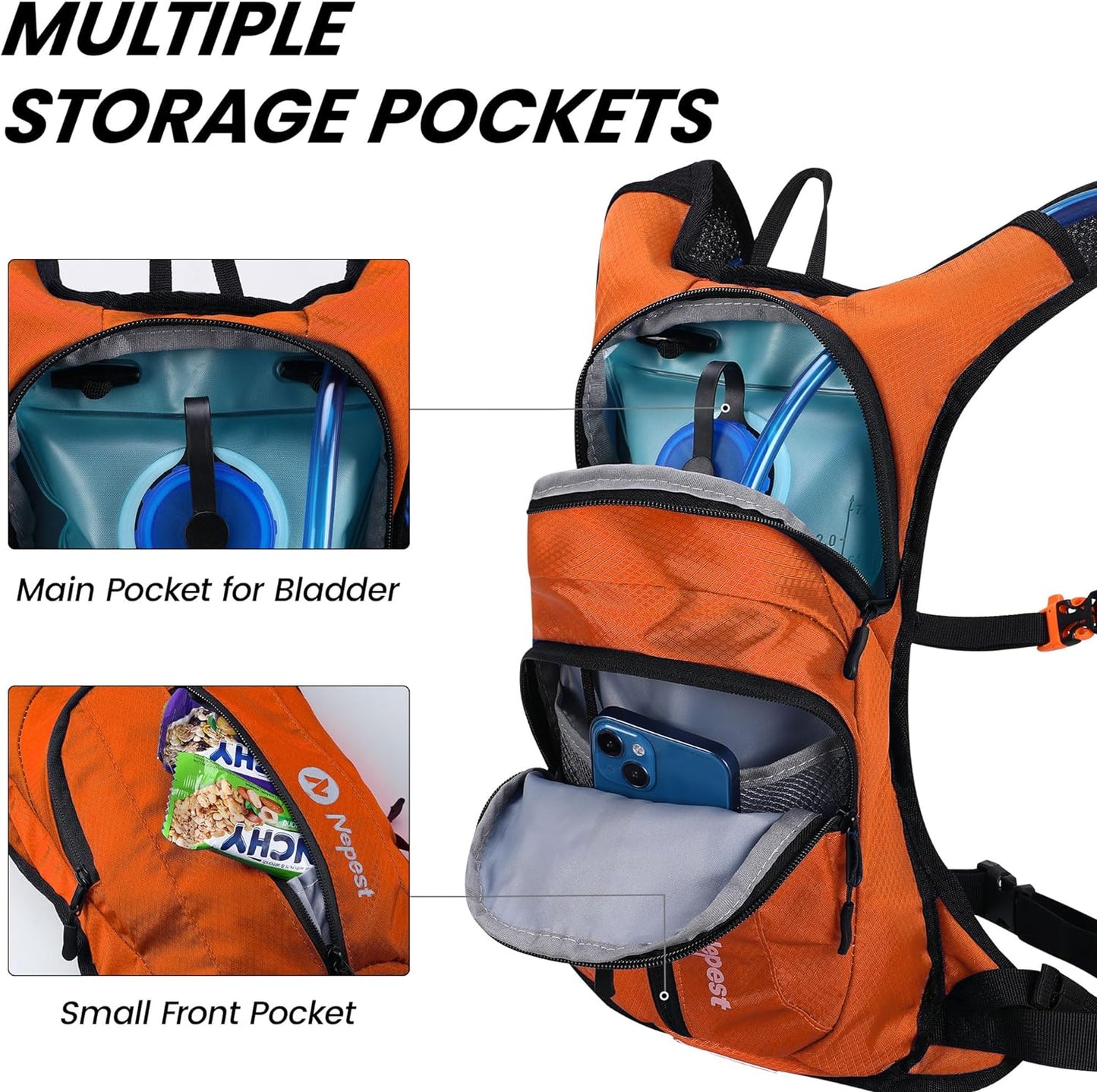 Nepest Hydration Pack Backpack for Women & Men, Lightweight Water Backpack with 2L Water Bladder for Hiking Cycling Running Biking