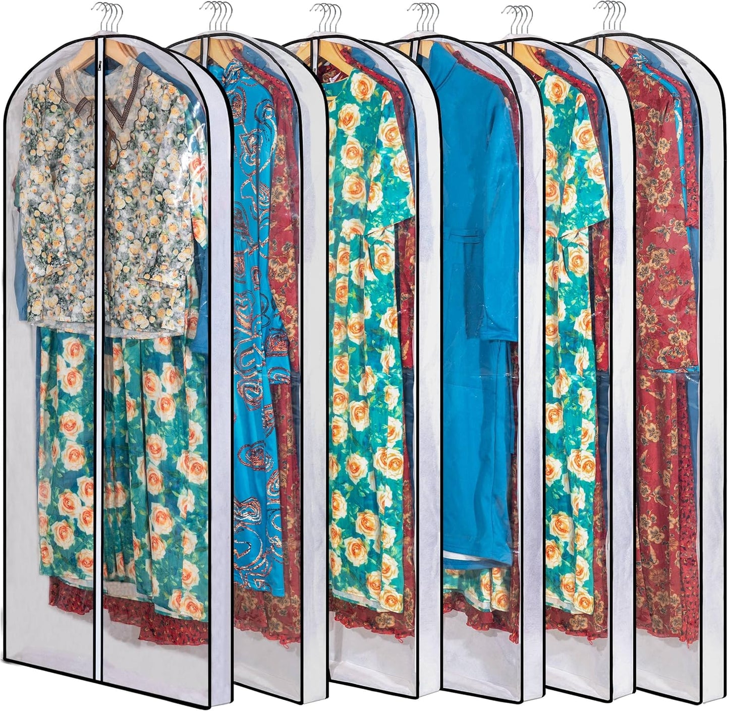 Clear Garment Storage with 4" Gusseted Hanging Covers - Durable, Transparent Protectors for Long Coats, Gowns, Dresses - 24"x 60"x 4" / 6 Pack