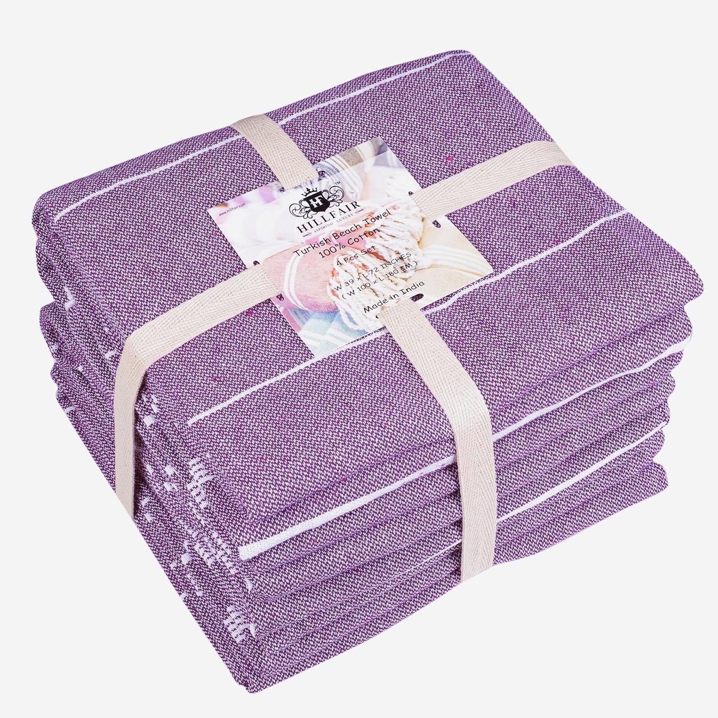HILLFAIR Cotton Turkish Beach Towels, Quick Dry Lightweight Sand Free Peshtemal Towel for Bath Swim Yoga Spa Travel, Beach Accessories, Oversized Cotton Turkish Towels (39 x 72 inch- 4 Pack Purple)