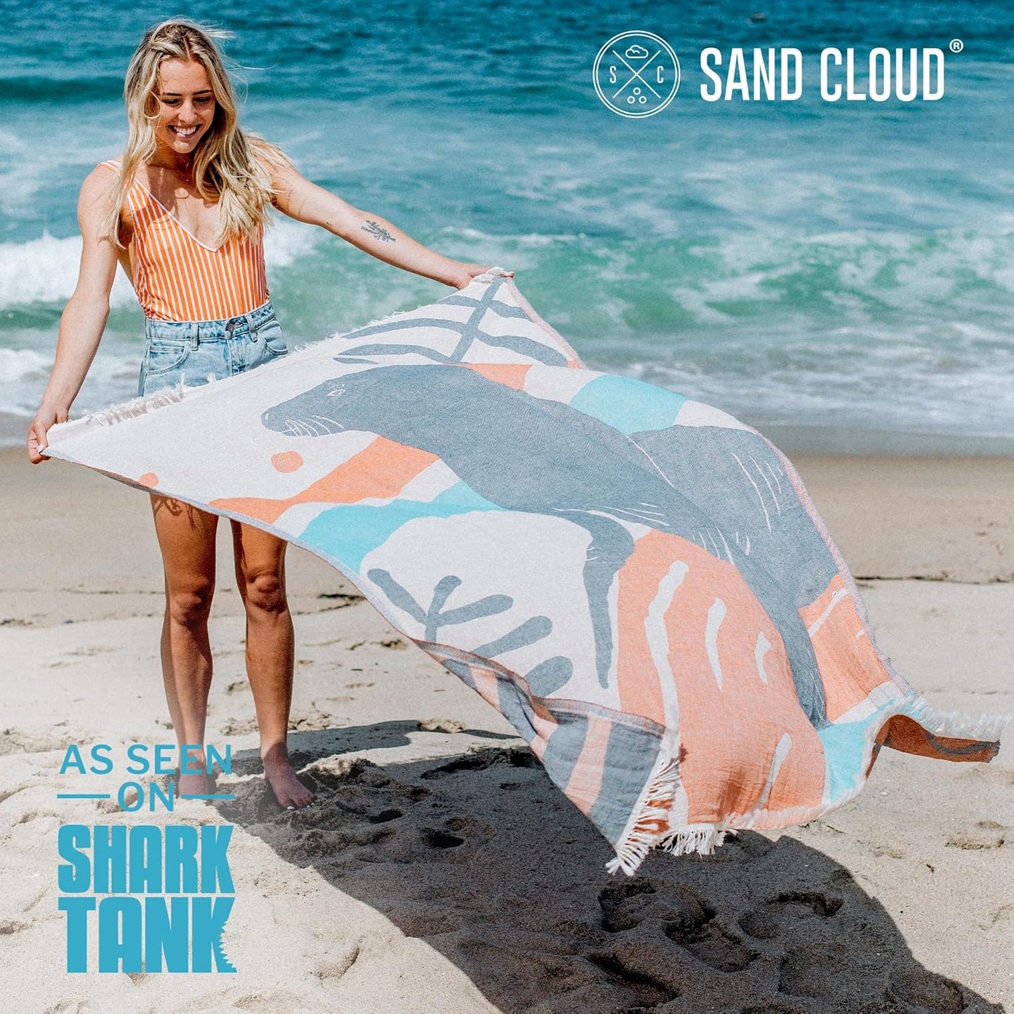 Sand Cloud Turkish Beach Towel - Sand Free - 100% Organic Turkish Cotton Yarn - Quick Dry Towel for Beach, Picnic, Blanket or Bath - As Seen on Shark Tank - Marine Life (Flynn Sea Lion)
