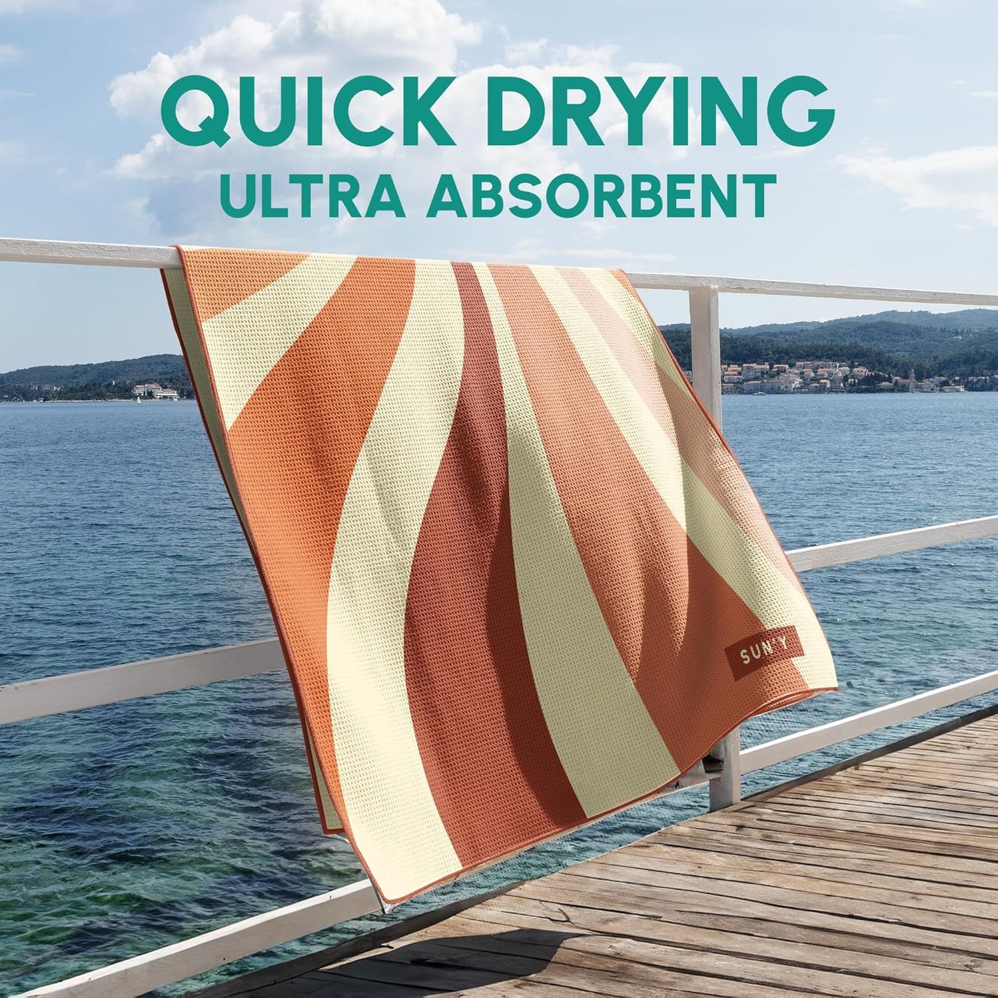 SUN'Y Waffle Microfiber Beach Towel – Sand Free, Quick Dry, Ultra Absorbent, Lightweight & Compact Travel Towel with Carry Bag - Large (63” x 31.5”), Rays