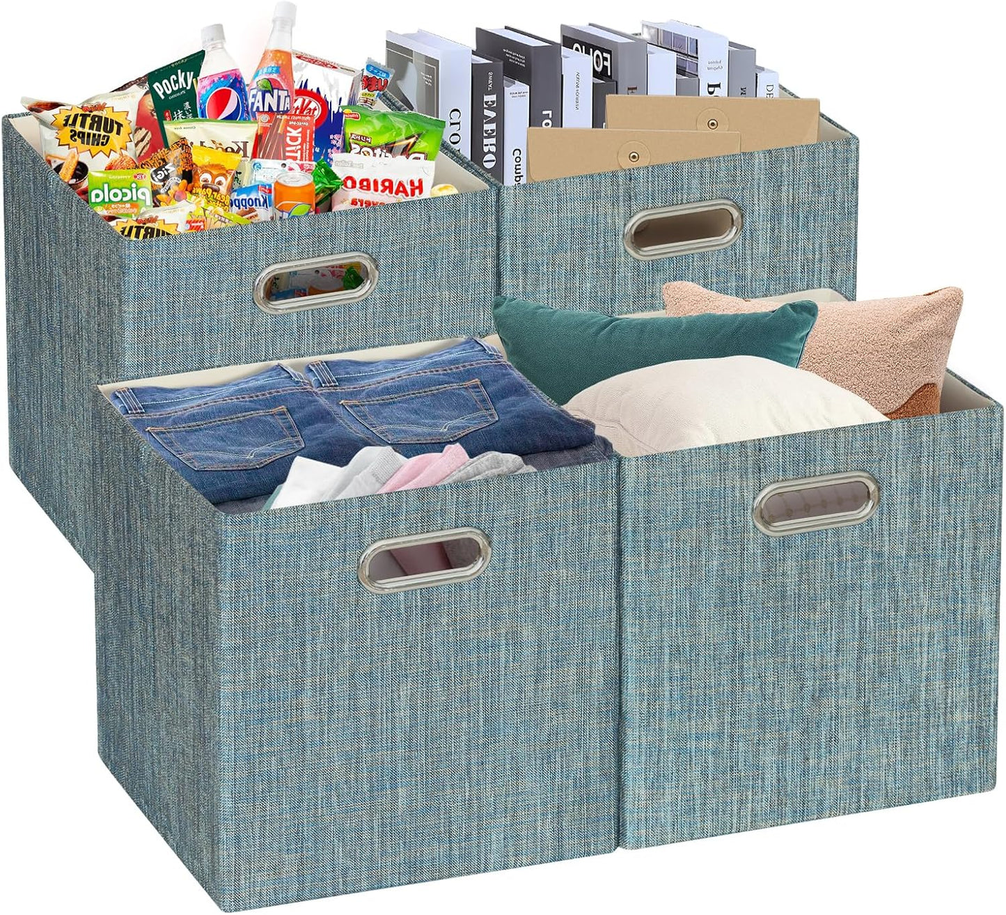 Posprica Storage Basket Bins,13×13×13 Foldable Storage Boxes Fabric Drawer Cubes for Closet Shelf Cabinet Bookcase - Set of 4,Teal