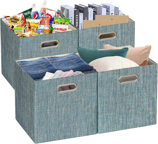 Posprica Storage Basket Bins,13×13×13 Foldable Storage Boxes Fabric Drawer Cubes for Closet Shelf Cabinet Bookcase - Set of 4,Teal