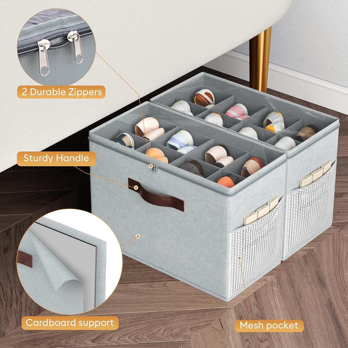 Budding Joy 2 Pack Shoe Organizer for Closet, Clear Foldable Shoe Storage Containers Adjustable Dividers Fits 16 Pairs,Shoe Storage Bins Baskets Boxes with Reinforced Handles Light grey